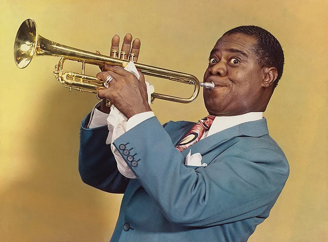 Louis Armstrong performing with his trumpet